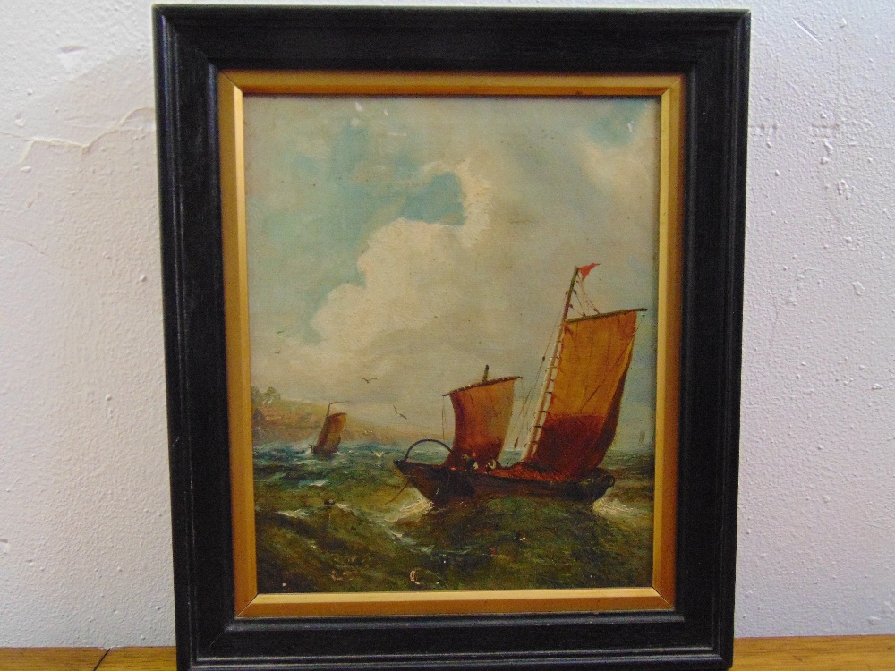 A framed and glazed oil on canvas of sailing ships at sea, 27 x 22cm