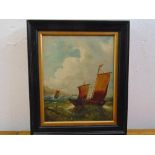 A framed and glazed oil on canvas of sailing ships at sea, 27 x 22cm