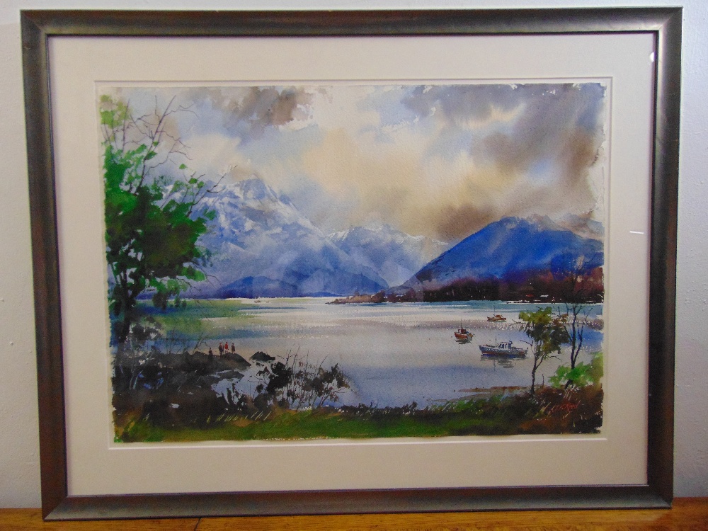 John Keith Reed framed and glazed watercolour of a lake and mountain scene with figures in the