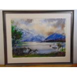 John Keith Reed framed and glazed watercolour of a lake and mountain scene with figures in the