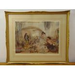 William Russell Flint framed and glazed polychromatic lithograph of three ladies, signed bottom