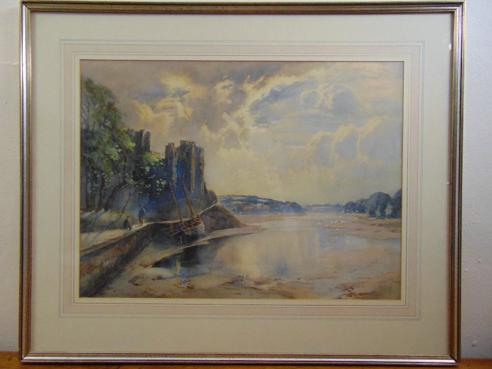 Louis Burleigh Bruhl framed and glazed watercolour of ruins by a lake, signed bottom left, 43 x