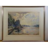 Louis Burleigh Bruhl framed and glazed watercolour of ruins by a lake, signed bottom left, 43 x