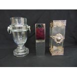 A rectangular white metal mounted vase, a 1970s German square silvered vase and a Valentti glass