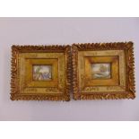 A pair of framed hand painted miniatures of landscapes, signed Ruby, 8.5 c 6.5cm
