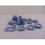 Wedgwood blue Jasperware to include dishes, covered boxes, a miniature teaset and a vase (18)