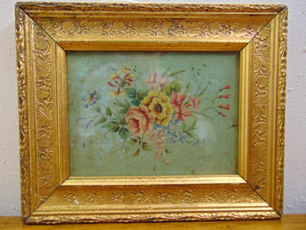 A French 18th century framed and glazed oil on board still life of flowers, 13.5 x 19cm