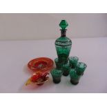 Murano glass dish and a decanter with drop stopper and six shot glasses