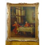 A framed oil on canvas of two gentlemen seated at a table, titled A Good Vintage, 75 x 60.5cm