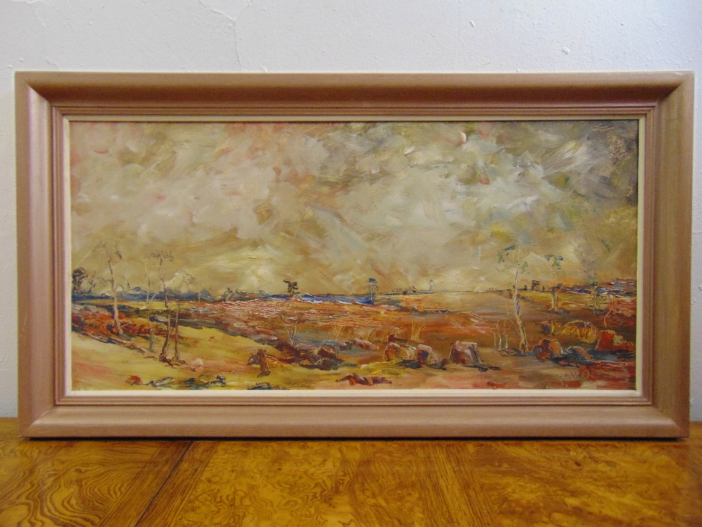 F Mulder (Australian) framed oil on board of a panoramic landscape, signed bottom right, 34 x 72cm