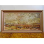 F Mulder (Australian) framed oil on board of a panoramic landscape, signed bottom right, 34 x 72cm