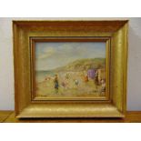 M. J. Rendell three framed oils on panel of figures playing on beaches, signed bottom right, 19 x