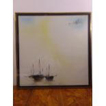 Baik framed oil on canvas of three boats, signed bottom centre, 75 x 75cm ARR applies