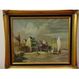 R. Lockyer framed oil on panel of houses and boats in a harbour, signed bottom right, 40.5 x 51cm