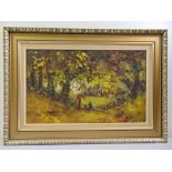 George Deakins framed oil on panel of figures in a woodland, signed bottom left, label to verso,