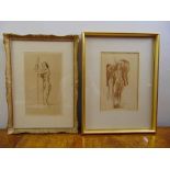 William Russell Flint two framed and glazed sepia prints of naked women, signed bottom right, 25 x