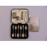 A quantity of silver to include a vesta case, cheroot holder, fruit knife, cigarette case, cased