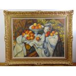A framed oil on canvas still life of fruit and a jug in the style of Cezanne, 76 x 102cm