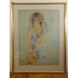 Tom Merrifield framed and glazed watercolour of a lady with a hat, signed bottom right, 84 x 61cm