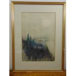 Joseph Kossonogi framed and glazed watercolour of figures in a landscape, signed bottom left, 47 x
