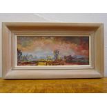 F Mulder (Australian) framed oil on board of a landscape with pink and blue sky, signed bottom