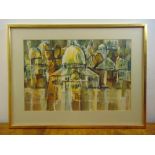 Boris Penson framed and glazed watercolour of Jerusalem 1979 label verso, signed bottom right, 36.