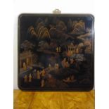 An early 20th century lacquered chinoiserie wall panel decorated with figures in pavilions, 90 x
