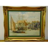 Adil framed oil on panel of a sailing ship in a harbour, signed bottom right, 35.5 x 45.5cm ARR
