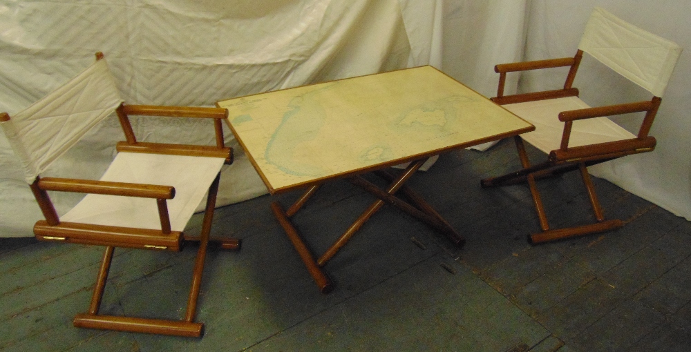 A rectangular 1970s map table with matching canvas directors chairs, A/F