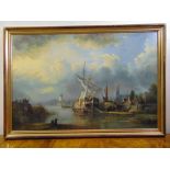 A framed oil on canvas of a galleon in port, 60 x 90cm