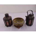 A cloisonné bowl, a Chinese bronze tea caddy and matching teapot