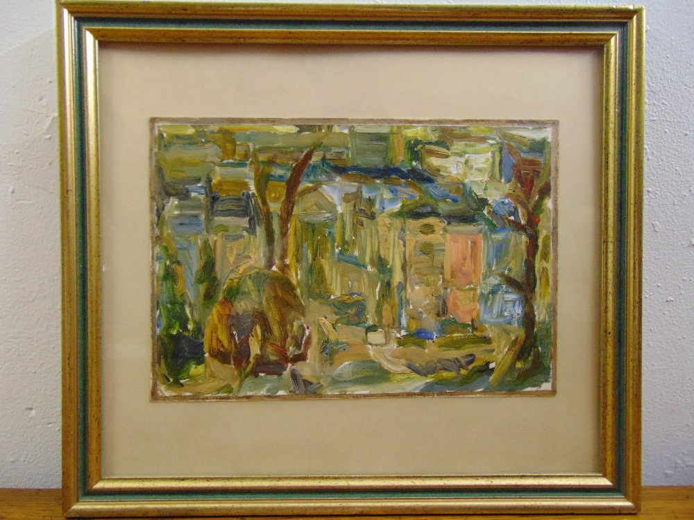 Christopher Banahan framed and glazed oil on board titled Steel Dawn from Primrose Hill dated 1986