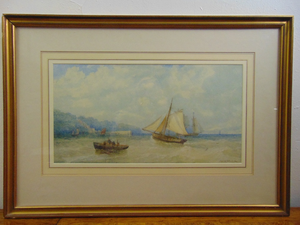 William Adolpus Knell framed and glazed watercolour of boats at sea, signed bottom right, 24 x 46.
