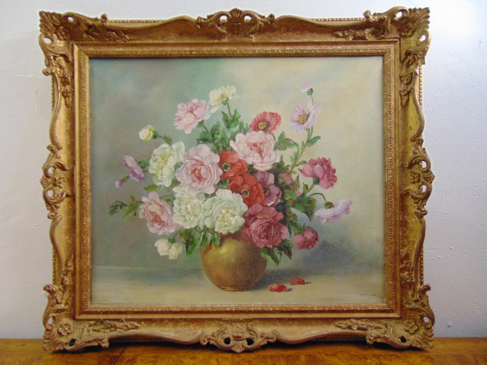 Lerno framed oil on canvas still life of flowers, signed bottom right, 50 x 60.5cm