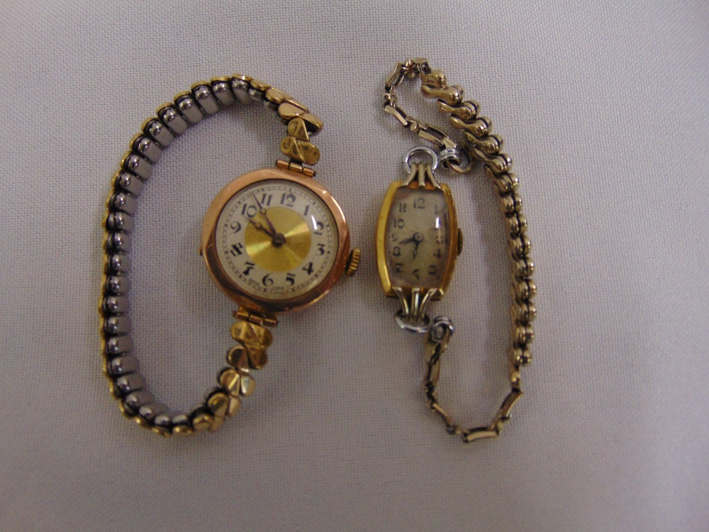 Two 9ct gold ladies wristwatches on gold plated bracelets