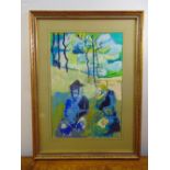 A framed and glazed oil on panel of two seated figures, indistinctly signed bottom right, 54 x 36.