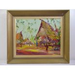 George Deakins framed oil on panel of a South East Asia village scene, signed bottom right, 44 x