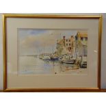 Ken Tidd framed and glazed watercolour of boats moored by a dock, signed bottom left, 52 x 34cm