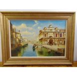 A framed oil on canvas Venetian canal scene, indistinctly signed bottom right, 51 x 76.5cm