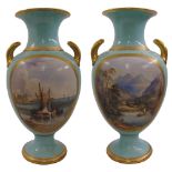 A pair of Davenport baluster vases hand painted side panels depicting coastal and landscape scenes