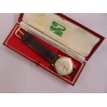 Winegartens 9ct gold gentlemans wristwatch circa 1950 on replacement leather strap and original box