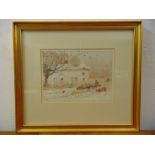 Claude Hayes framed and glazed watercolour of sheep by a barn, signed bottom left, 18 x 25cm
