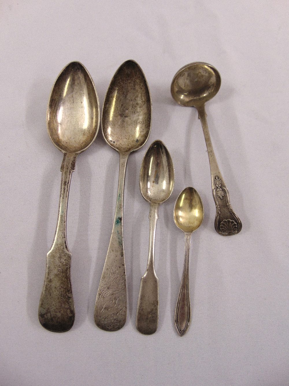 Four hallmarked silver and white metal spoons and a mustard spoon (5)