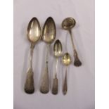 Four hallmarked silver and white metal spoons and a mustard spoon (5)