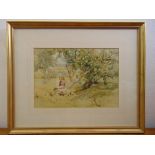 E.H. Madan framed and glazed watercolour titled In an Orchard, label to verso, 23.5x 33.5cm