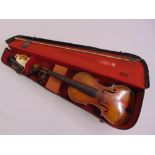 A student violin in fitted case, to include a bow, A/F