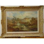 Prudence Turner framed oil on canvas of a Highland scene with stags by a stream, signed bottom