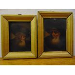 Two framed oils on panel of religious gentleman wearing fur hats, 10 x 7cm each