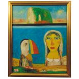 John Bellany 1942-2013 framed oil on canvas of a lady with a puffin with Bass Rock in the