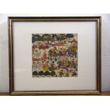 A framed and glazed 19th century Indian polychromatic watercolour depicting figures, animals and